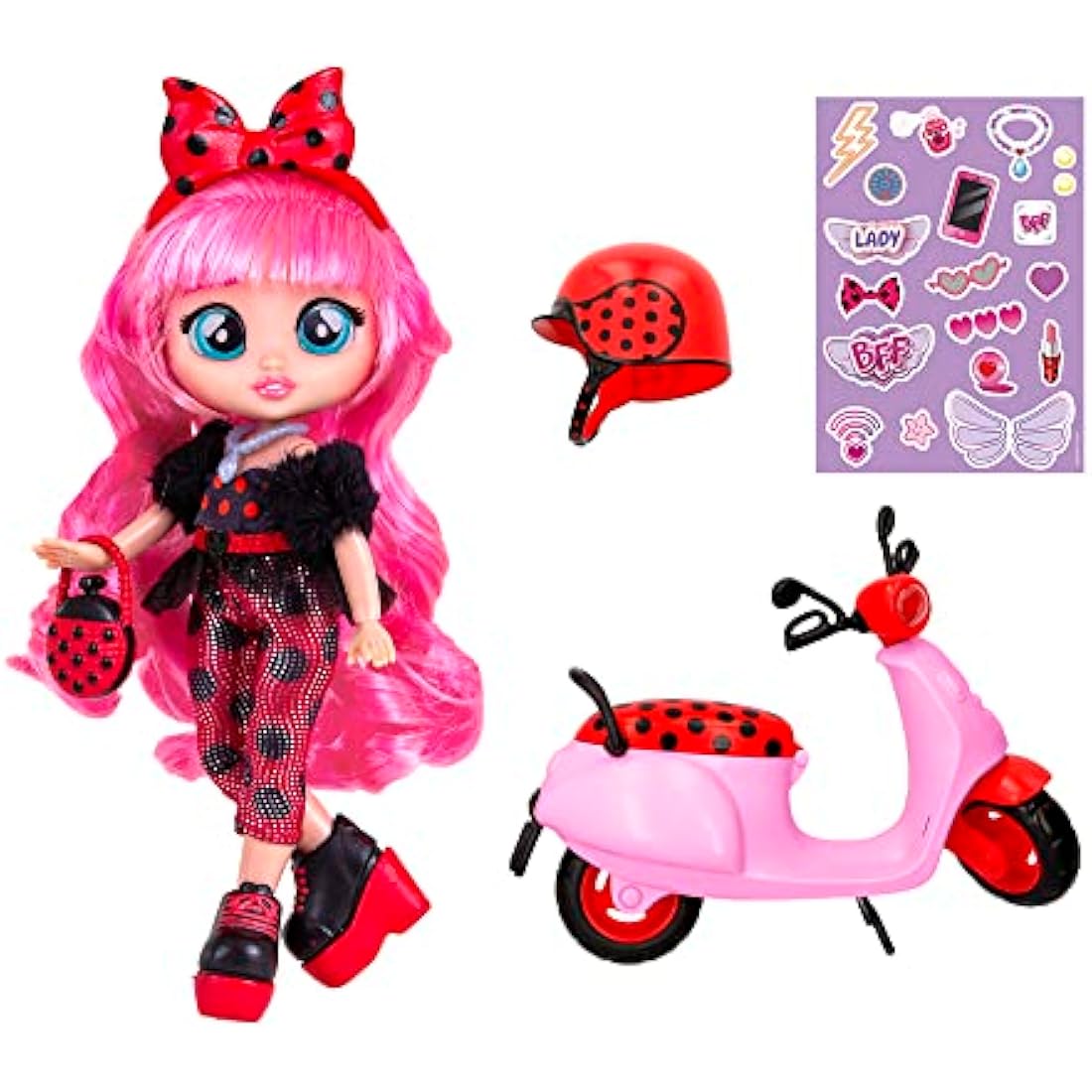 Cry Babies BFF by Lady Playset Dolls Bambola BFF Lady Ha Il SUO Scooter, 10 Accessories, Giocattolo Bambine and Bambini +3 Anni