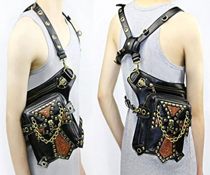 FiveloveTwo® Steampunk Vintage PU Leather Waist Pack Hiking Fanny Pack Small Purse Multi-purpose Tactical Drop Leg Arm Shoulder Bag with Hip Belt