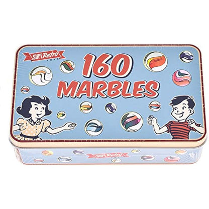 KandyToys SupeRetro 160 Piece Classic Glass Marbles in a Vintage Storage Display Tin | Novelty Kids Toys | Marbles For Kids