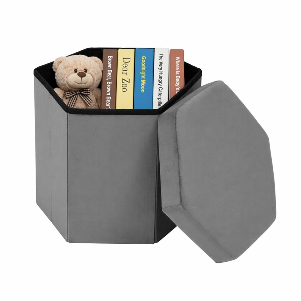 Bonlife Folding Storage Ottoman Hexagonal, Footrest with Toy Ches Box, 43cm