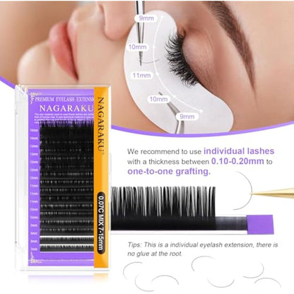 NAGARAKU 5 Trays Eyelash Extensions Supplies Classic 1:1 Lashes Individual Volume Lash Extensions Soft Single Natural Eyelashes Matte Black 16 Rows (0.03mm D Curl 9/10/11/12/13mm in 1 Pack)