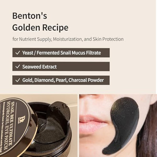 BENTON Snail Bee Ultimate Hydrogel Eye Patch 60pcs - Snail Secretion Filtrate & Seaweeds Extract Contained Nourishing & Hydrating Eye and Wrinkle Areas Patches, Soothing and Cooling