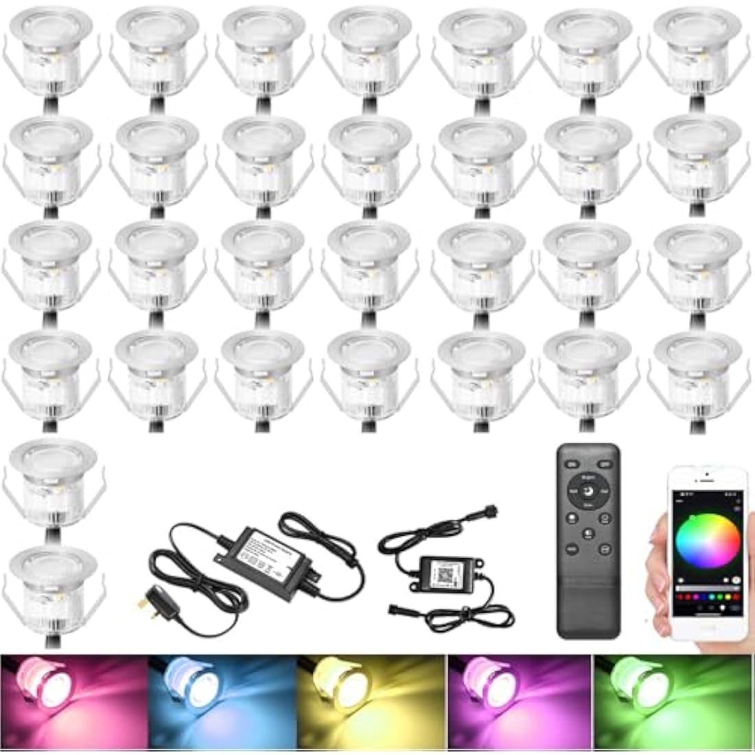 GEYUEYA Home Led Decking Lights RGB Waterproof IP67 Multicolor Ø30MM 12V APP Function LED Deck Lights with Remote Control for Terrace/Patio/Path -30 Packs