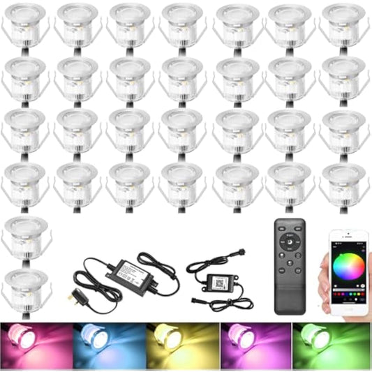 GEYUEYA Home Led Decking Lights RGB Waterproof IP67 Multicolor Ø30MM 12V APP Function LED Deck Lights with Remote Control for Terrace/Patio/Path -30 Packs