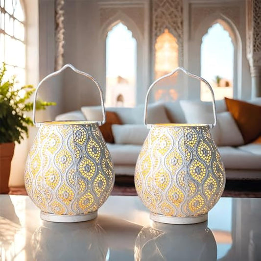 TRIROCKS Set of 2 Moroccan Decorative Metal Table Lamps 26cm H Battery Powered Cordless Lanterns with Fairy Lights Bulb for Home Living Room Garden Yard Party Events Tabletop Indoor Outdoor (White)