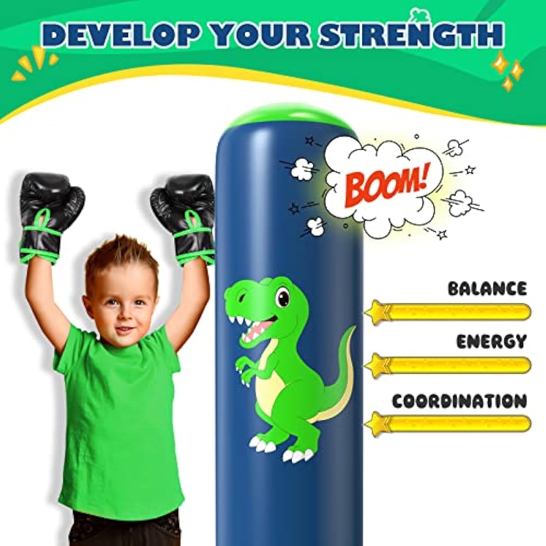 QPAU Inflatable Kids Punching Bag, 48 Inch Stable Boxing Bag with Boxing Gloves, Punch Bag Dinosaur Toy & Gifts for Boys Girls Age 3-8, Set for Practicing Karate, Taekwondo, MMA