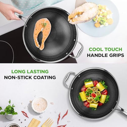 Nutrichef Nonstick Wok with Glass Lid – 30cm Hex Stainless Steel Stir Fry Cookware, Induction Compatible, Honeycomb Pattern, Scratch-Resistant, Deep Sauté Style, 12" Wok