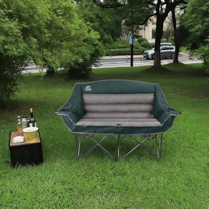 LANMOUNTAIN Fully Padded Folding Double Camping Chairs,Comfy Oversized Loveseat Lawn Chair w/Wine Glass Holder,Cup Holder,Heavy Duty Outdoor Portable Camp Couch Support 600 Lbs,Dark Green