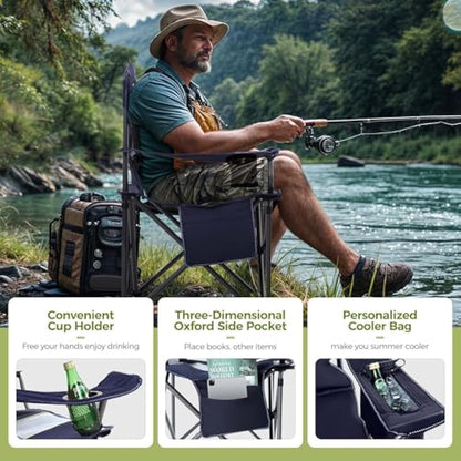 ALPHA CAMP Camping Chairs for Adults Heavy Duty Camping Chair Up to 200 kg Folding Camp Chair with Cup Holder and Cooler Bag for Outdoor Picnic Fishing, Lightweight and Portable, Navy Blue
