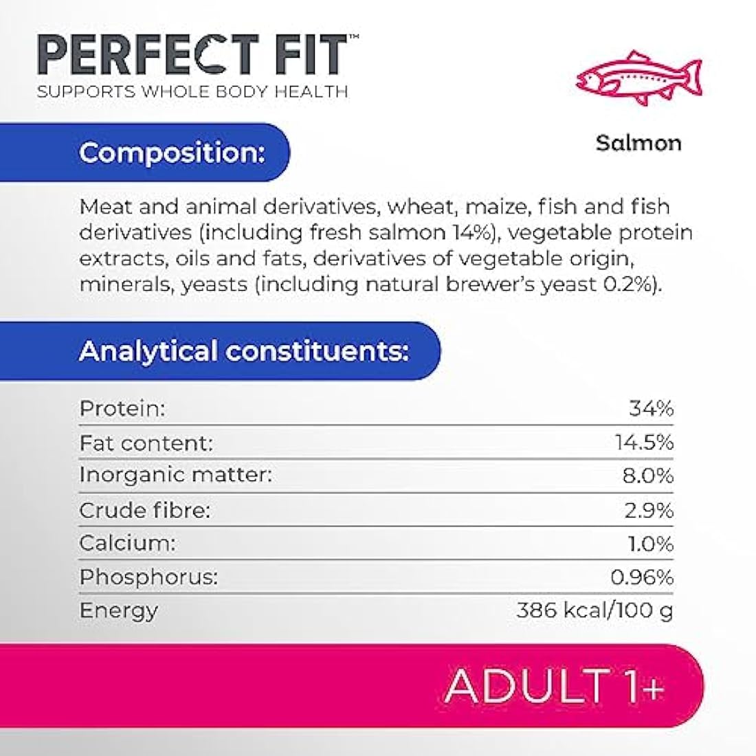Perfect Fit Adult 1+ Complete Dry Cat Food for Adult Cats Aged 1+ Years, Rich in Salmon, 1 Bag (7 kg)