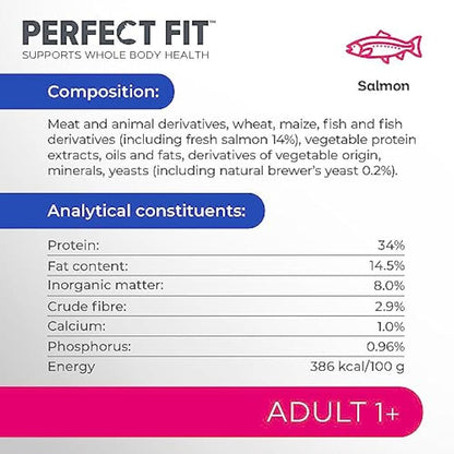 Perfect Fit Adult 1+ Complete Dry Cat Food for Adult Cats Aged 1+ Years, Rich in Salmon, 3 Bags (2.8 kg)