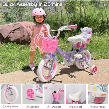 Glerc Maggie 12 Inch Kids Bike for 2-13 Years Old, Girls Bicycle with Doll-Seat & Basket & Stabilisers & Kickstand, Multiple Colors