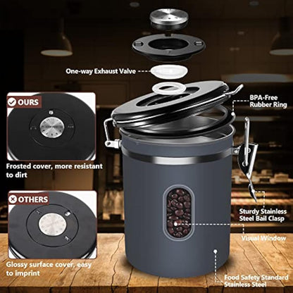 2800ML Airtight Coffee Canister with Date Tracker and Transparent Window, 35OZ Coffe Beans Storage with 30ML Measure Spoon&4 co2 Valve, Coffee Container for Grounds Coffee, Beans, Tea, Sugar&Flour