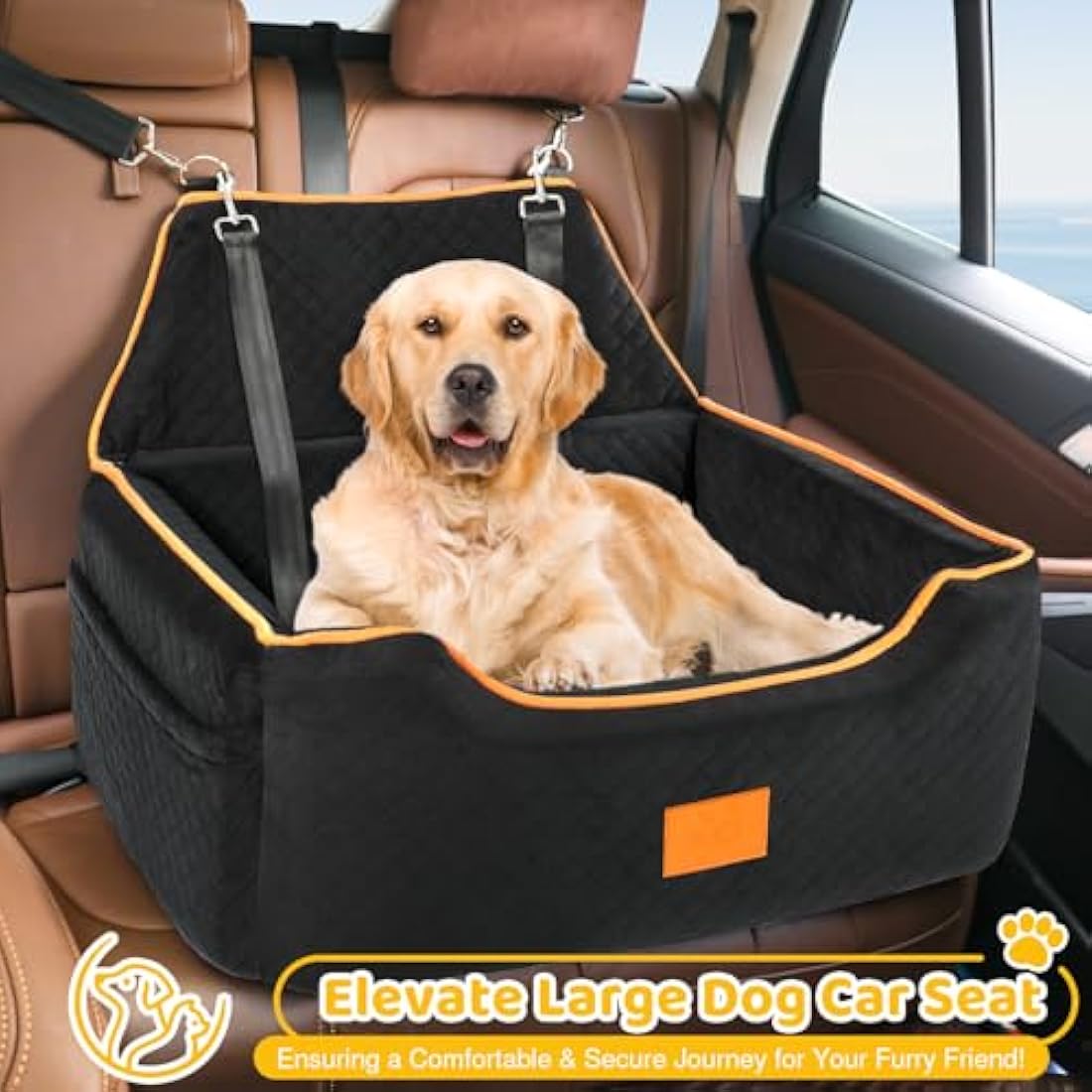 GL GLENSLAVE Dog Car Seat for Large/Medium Dogs, Dog Booster Seat for Pet Under 55Lbs or 2 Small, Detachable and Washable Travel Pet Bed with Thick Cushion and Storage Pockets (Black)