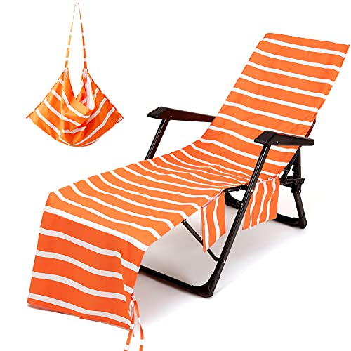 Morbuy Beach Chair Cover, Solid color Striped Lounger Bags with Pockets Sunbed Towels Fitted Microfiber Sun Lounger Towels for Summer Outdoor Pool