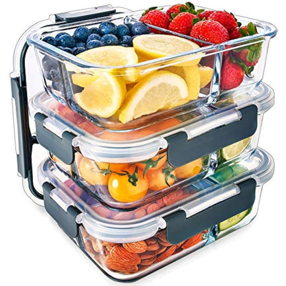 Igluu Meal Prep Glass Containers with Airtight SnapLock Lids 3 Pack 3 Compartment 980ml 33oz BPA-Free Meal Prep Containers Reusable – Borosilicate Glass, Oven Safe