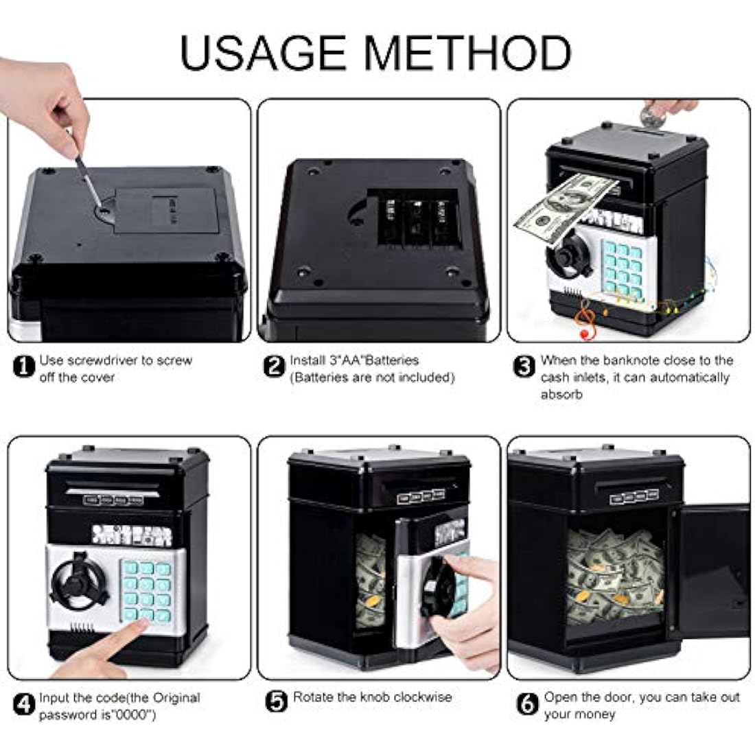 Thedttoy Digital Money Box Mini ATM Safe Money Bank for 3 4 5+ Years Old Kids, Cash Coins Saving Box Safe Money Box for Boys Girls, Perfect Piggy Bank Toy Gifts for Birthday Children's Day (Black)