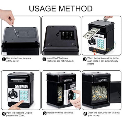 Thedttoy Digital Money Box Mini ATM Safe Money Bank for 3 4 5+ Years Old Kids, Cash Coins Saving Box Safe Money Box for Boys Girls, Perfect Piggy Bank Toy Gifts for Birthday Children's Day (Black)