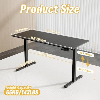 ERGOMAKER Electric Standing Desk 140x60cm (55.1"x23.6"), Height Adjustable Standing Desk with Splice Board, Stand Up Desk with Backpack Hook and Memory Smart Handset(Black Frame + Black Desktop)