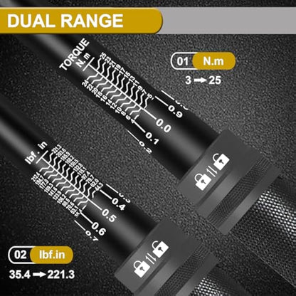 Uharbour Torque Wrench 1/4, 3-25 Nm Bike Torque Wrench, 0.1 Nm Micro Adjustment with Lock, ±3% Accuracy with Calibration Certificate, Dual Direction with 72 Teeth