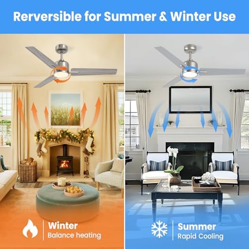 Newday 42inch Silver and Wooden Ceiling Fan with Remote Control, Dimmable LED, Quiet Reversible DC Motor, 6 Speeds, 3 Timer, Memory Function for Bedroom Living Room Basement Kitchen Terrace
