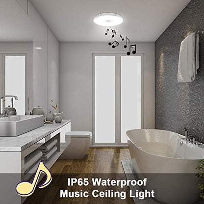 Horevo Bathroom Ceiling Light with Bluetooth Speaker and Remote Control Waterproof IP65, RGB Colour Change, 11 inch 18W Daylight Flush Mount Ceiling Lamp for Bathroom, Kitchen, Bedroom