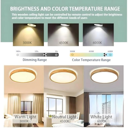 WayLuoung Wood LED Ceiling Light | Ø50cm 3000-6000K 36W | Round Top 360° Glow Natural Wooden Lamp, Bedroom Living Room Children's Room Kitchen Dining Room Home Office (Dimmable with Remote Control)