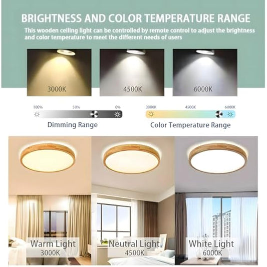 WayLuoung Wood LED Ceiling Light | Ø50cm 3000-6000K 36W | Round Top 360° Glow Natural Wooden Lamp, Bedroom Living Room Children's Room Kitchen Dining Room Home Office (Dimmable with Remote Control)