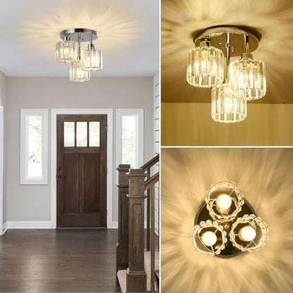 Rayofly Modern Crystal Chandeliers Ceiling Light, 3-Lights Crystal Ceiling Lights Living Room, Chrome Semi Flush Ceilings Light Fittings for Hallway, Bathroom, Bedroom, Foyer, Kitchen Light Fixture