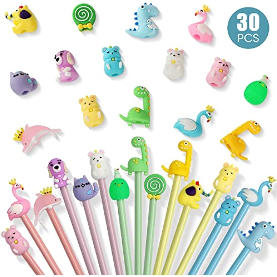 yuechen 30 Cartoon Pencils for Children,Funky Pencils with Toppers,Triangle Cute Animal Pencil,Party Favours Bags Fillers for Kids Birthday Gift For Boy Girl
