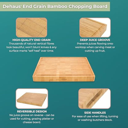 Dehaus® Deluxe Bamboo Chopping Board - Premium Wooden Cutting Boards - Large End Grain Wood Butchers Block for Kitchen - Extra Thick Bread Block - Non Toxic - Size M, 35 x 25 x 3 cm