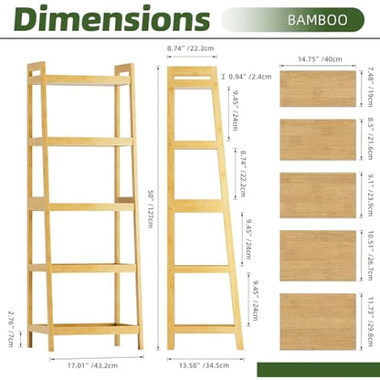 vovala Bookshelf, 5 Tier Ladder Bookcase with Bamboo Frame, Freestanding Tall Narrow Display Plant Shelf for Living Room, Kitchen, Bedroom, Balcony, Natural