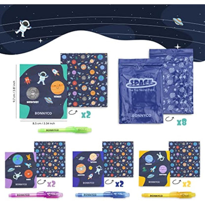BONNYCO Invisible Ink Pen and Notebook, Pack 8 Space Party Bag Fillers for Kids, Pinata Toys | Birthday Decorations | Stocking Fillers for Kids Birthday | School Prizes, Space and Universe Gifts
