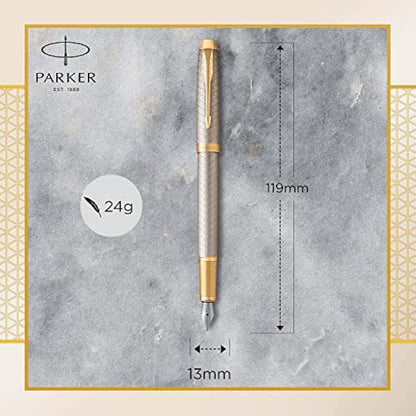Parker Pen IM Premium Metal Fountain Pen - Warm Silver Champagne with Diamond Pattern - Gold Trim - Fine Nib - Black Ink - Gift Boxed
