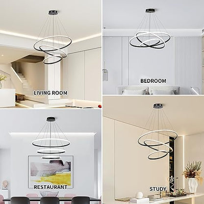 Led Pendant,Dimmable 3 Ring Acrylic Chandelier Lighting Fixture,Black Adjustable Chandeliers Ceiling Light for Kitchen Island Dining Room Living Room Bedroom Foyer Hanging 20+40+60Cm/(7.87+15.7+23.6)