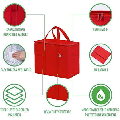 VENO 2 Pack Cooler Bag and Insulated Grocery Bags for Food Delivery, Collapsible Cooler, Reusable Shopping Bags for Groceries with Zipper, Foldable, Heavy-Duty, Stands Upright (Red, 3 Pack)