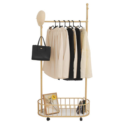 Cre Cra Golden Clothing Rack with Wheels Rolling Clothes Rack with Storage Basket Metal Moveable Coat Rack Stand Modern Garment Rack for Hanging
