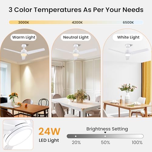 Newday 48 inch White Ceiling Fan with Lights and Remote Control, Quiet Ceiling Fan with Stepless Dimmable LED, Reversible DC Motor, 6 Speeds, 3 Timer, Memory Function for Bedroom Living Room Terrace