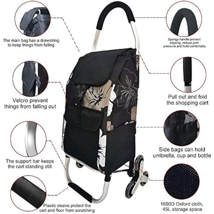 Folding Shopping Trolley 6 Wheels Stair Climber Cart with Removable Bag and Adjustable Elastic Cord 2 Extra Pockets Utility Trolley maximum capacity 50kg 45L (Flower)