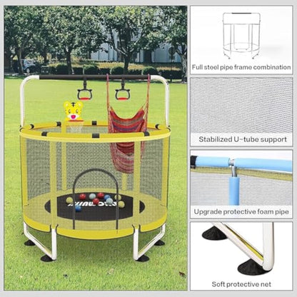 Trampoline for Kids, Adjustable Baby Toddler Trampoline with Basketball Hoop, 220lbs Indoor Outdoor Toddler Trampoline with Enclosure