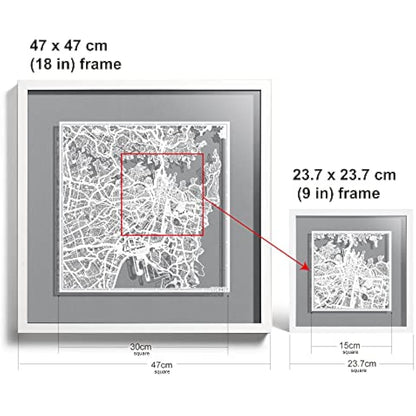 O3 DESIGN STUDIO Sydney Paper Cut Map framed, White map, White frame, 9x9 inches, Gift Boxed, 4 background color, self-changing, Paper Art