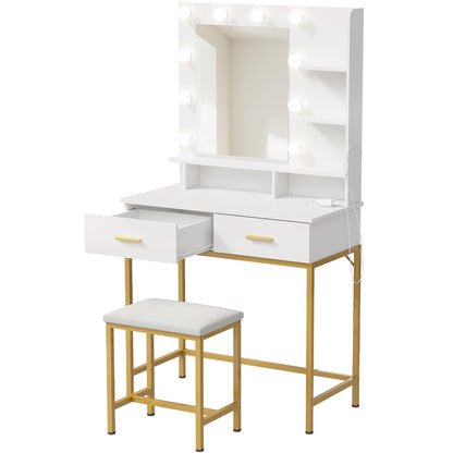 Lifewit Vanity with Mirror and Lights, Adjustable Color/Brightness, White Makeup Desk with 2 Drawers and Stool for Bedroom, Bathroom, Makeup Room