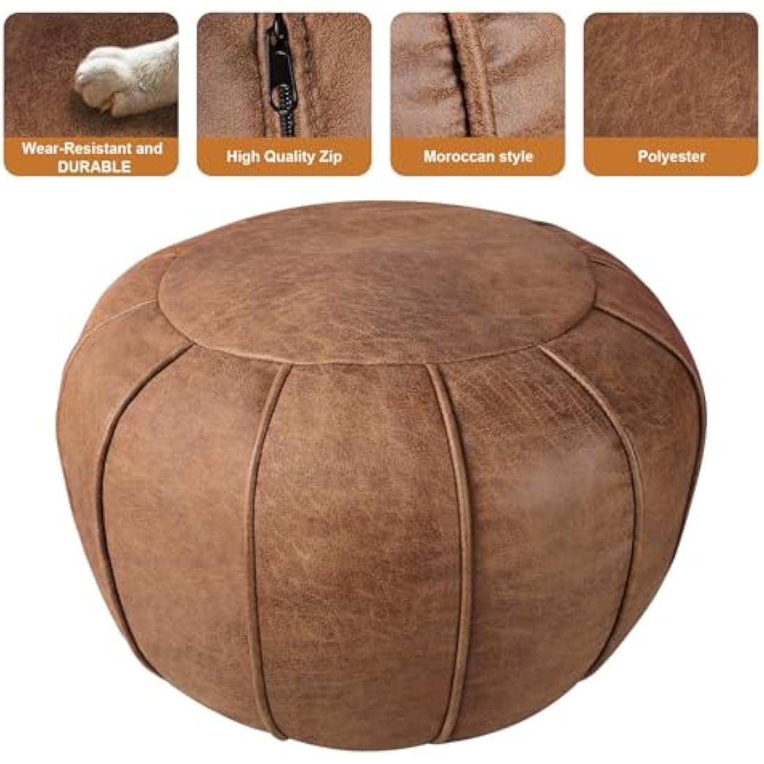 Unstuffed Round Pouffe, Supersoft Handmade Faux Decor Pouf Ottoman Cover, Storage Solution, Foot Rest, Footstool, Pouffe Seat or Balcony Office Indoor(Cognac Brown)