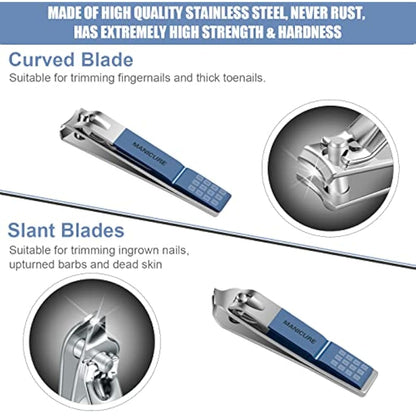Manicure Set Professional Nail Clippers Pedicure Kit, 16 pcs Stainless Steel Nail Care Tools Grooming Kit with Luxurious Travel Leather Case for Thick Nails Men Women Gift (Blue)