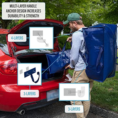 VENO 4 Pack Moving Bags Heavy-Duty Extra Large W/Backpack Straps, Moving House Essentials, Strong Handles & Zips, Clothes Storage, Packing, Laundry Bags, Reusable and Sustainable (Blue, 4 Pack)