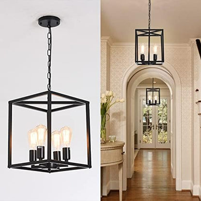 Qcyuui Vintage Lantern Pendant Light, Industrial Metal Cage Foyer Chandeliers Ceiling Lamp, 4-Light Black Hanging Pendant Lighting Fixture for Kitchen Island Farmhouse Hallway, E27
