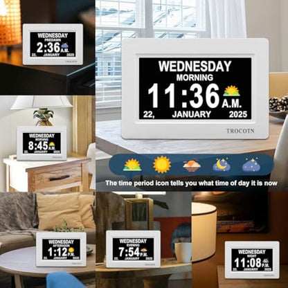 TROCOTN dementia clock, digital clock with date and day for elderly, day date large display calendar (7 Inches White)