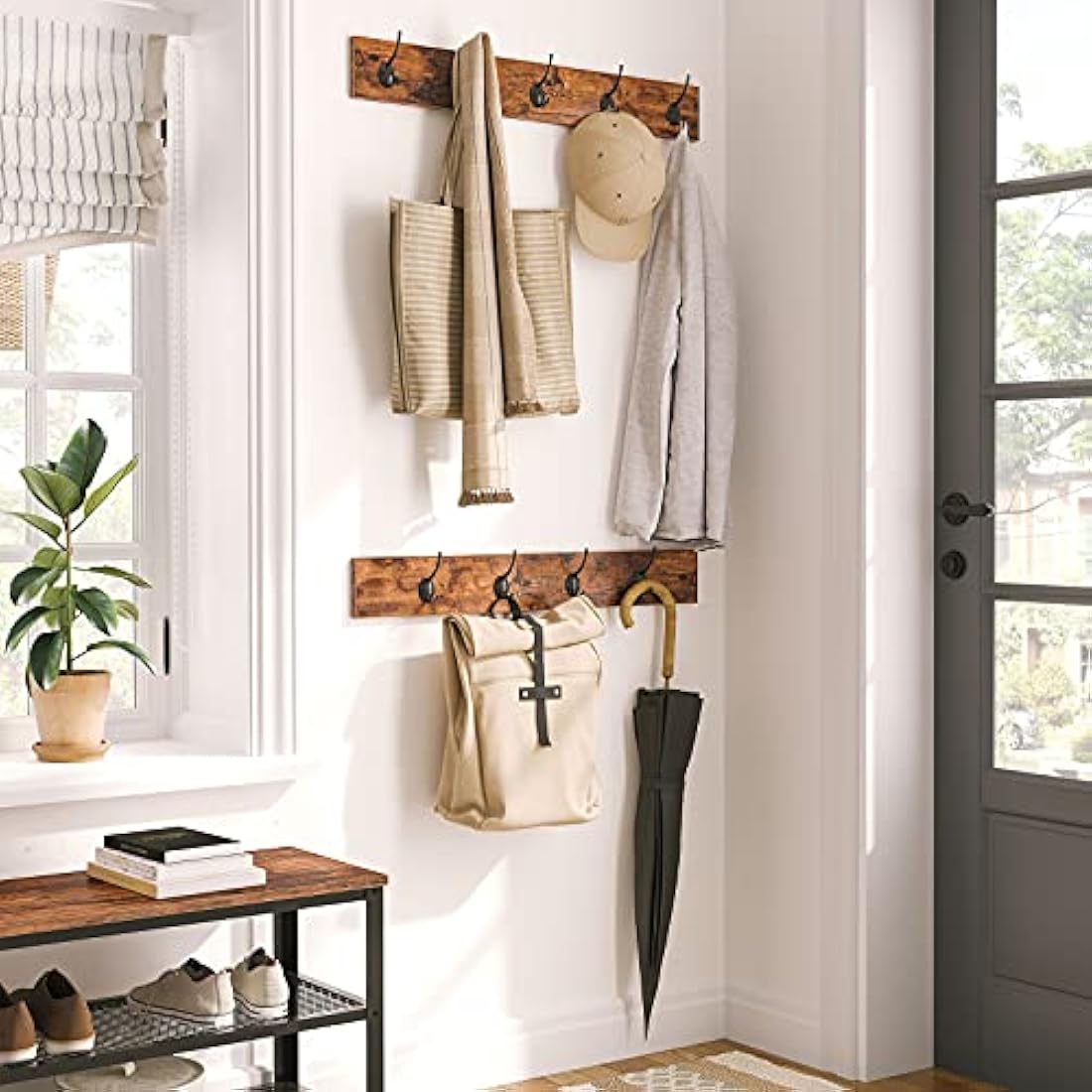 HOOBRO Coat Rack Shoe Bench Set, Hall Tree, Coat Stand Bench Set with 9 Hooks and Shelf, Multifunctional, for Hallway, Bedroom, Living Room, Rustic Brown and Black EBF17MT01