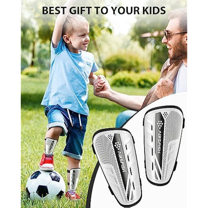 AirsFish Shin Pads Boys CE Certified Kids Shin Pads with Ankle Protection,Breathable Non Slip Extended Adjustable Straps (Black-White, XS(100-120CM))