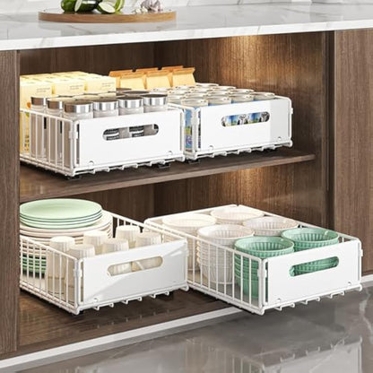 YunNasi Pull Out Cabinet Organizer Slide Out Drawer Storage Shelves Cupboard Organiser Sliding Cabinet Basket for Kitchen with Silent Slide No Drilling and Nailing (White, 2Piece 38Dx25Wx10H CM)